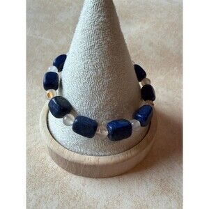 Natural Lapis cubic beads and clear agate Bracelet stretchy 15.5-16.5 handmade